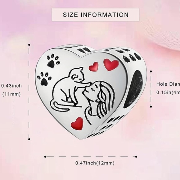 Sterling silver Heart-Shaped charm Love my cat kitty charm for Pandora bracelets - Picture 3 of 3